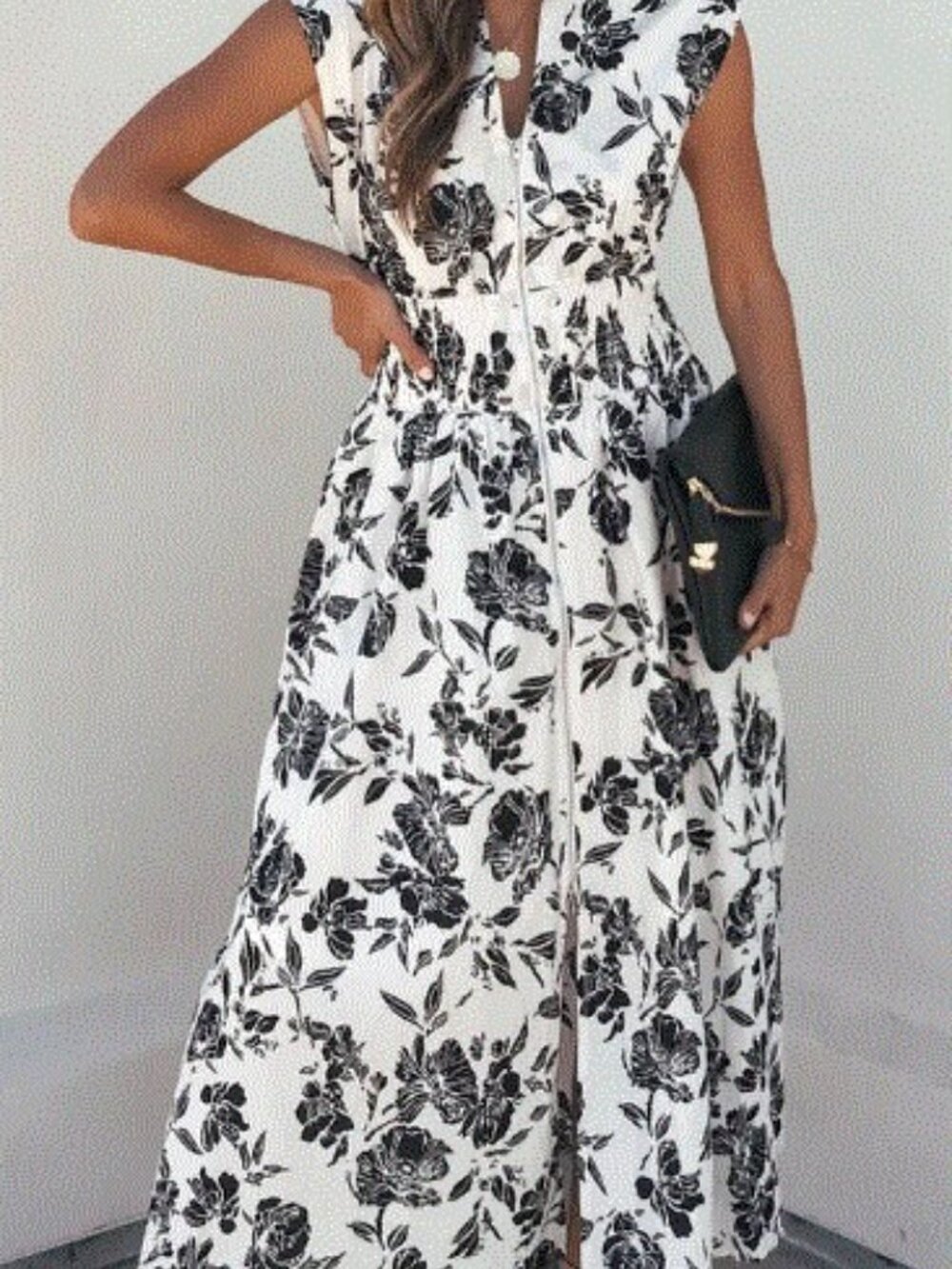 She + Sky White and Black Floral Print Smocked Midi Dress